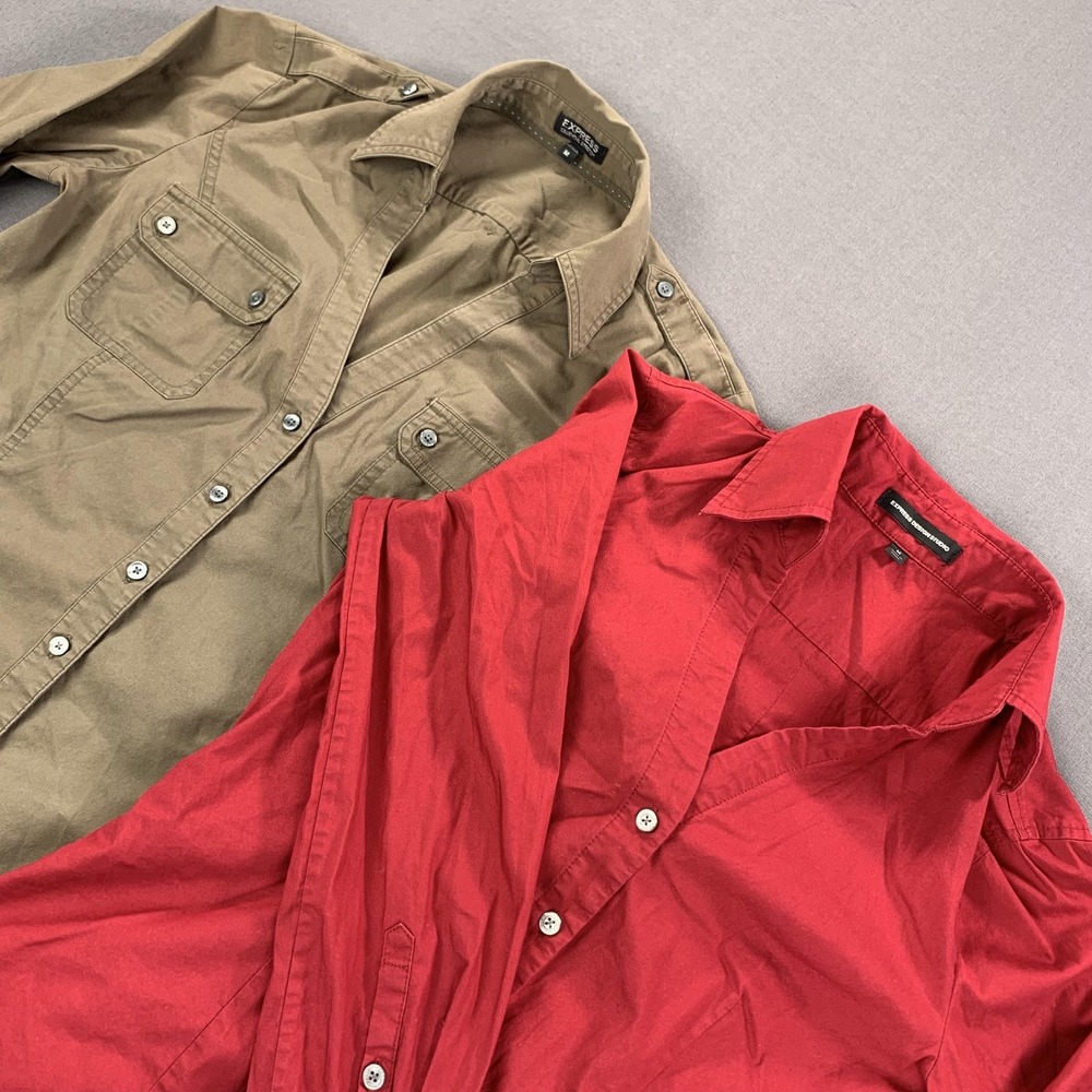 Express Shirts Women MD Lot 2 Red Tan Essential Stretch Button Front Long Sleeve